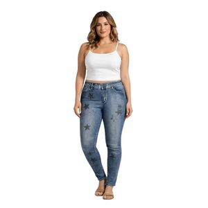 VIA RITINA Women's Denim Rhinestone Star Skinny Jeans Blue Size 10